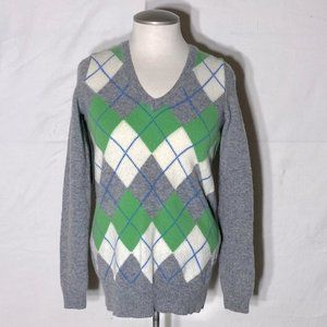 GAP Grey White Green Argyle Lambswool Knit V  Neck Sweater S